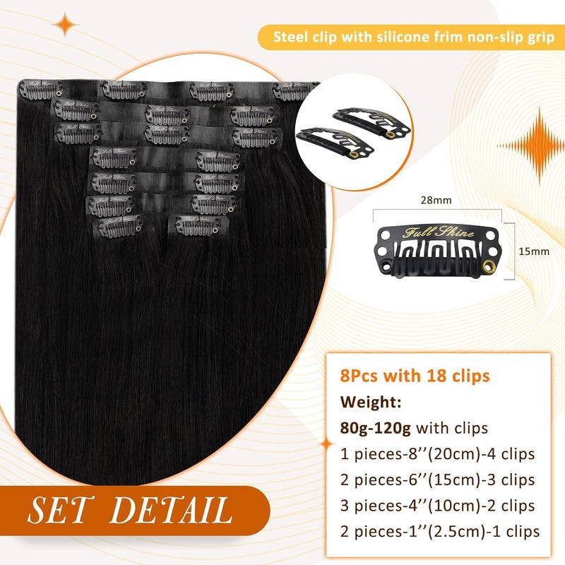 Full Shine Black Human Hair Extensions Seamless Clip in Hair Extension 22 Inch Natural Human Hair Clip in Extensions Black Real Hair for Women Thick End 8 PCS 120 G - Image 3
